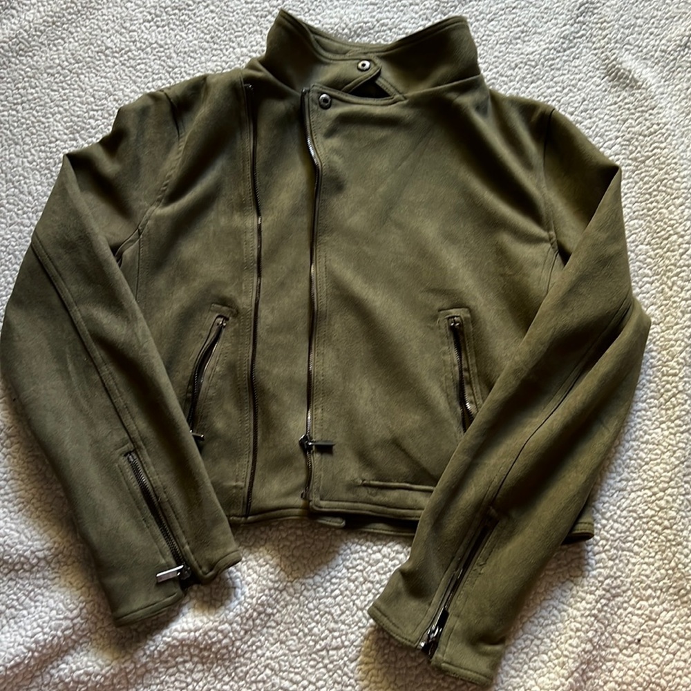 Cute Cropped Green Faux Suede Moto Jacket